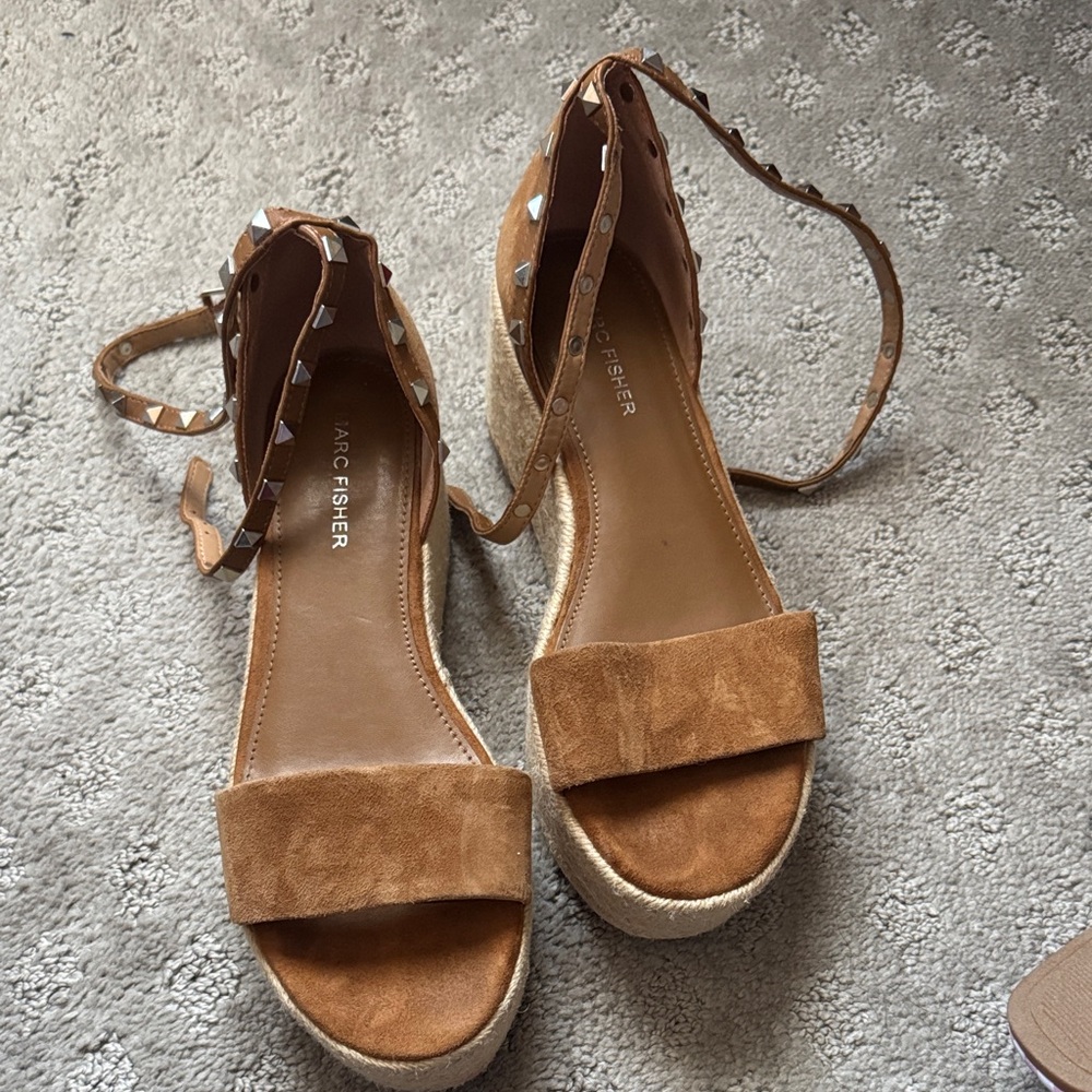 Marc Fisher Cognac Suede Espadrille Wedge Sandals with Studded Ankle Wrap